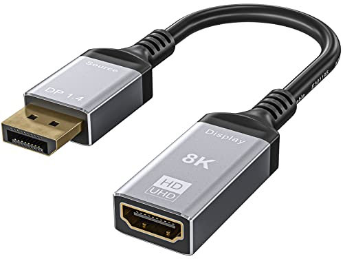 AOOCOO Displayport 1.4 auf HDMI 2.1 8K Stecker auf Buchse Kabel 0,25m Konverter 8K@60Hz 4K@120Hz Ultra HD Auflösung Kompatibel mit DisplayPort PC und HDMI Displays Tvs