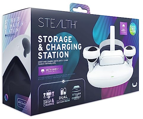 STEALTH Store and Charge Station Compatible with Meta Quest 2, Featuring Magnetic Drop & Charge and Dual Recheargeable Battery Packs Compatible with Touch Controllers