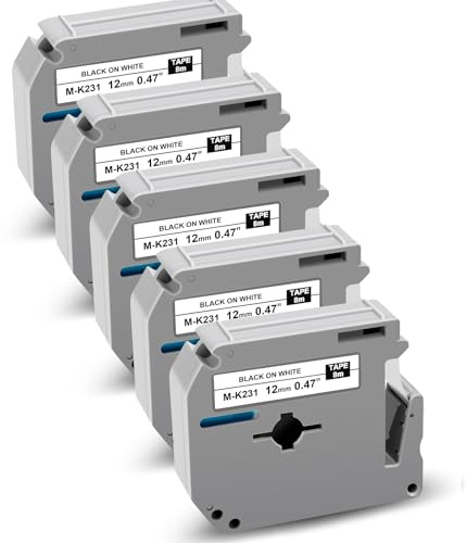 5x Kompatibel M-K231 12mm Schriftbänder Schwarz auf Weiß, Ersatz für Brother P-touch M Tape M-K231BZ Etikettenband für PT-90 PT-M95 PT-65 PT-60 PT-55 PT-70 PT-80 PT-85
