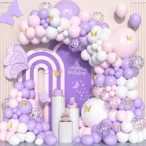 Palloncini Rosa Viola, 125 pezzi Rosa Lilla Pastello Coriandoli Bianco Arco Palloncini Kit con Farfalla oro per Ragazze Donne Festa di Compleanno Matrimonio Baby Shower Battesimo Bambino Decorazioni
