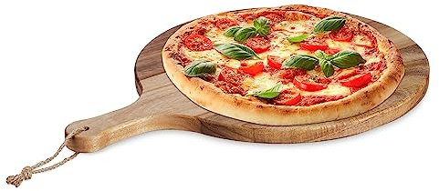 Relaxdays Piatto per Pizza con Manico, Ø 35,5 cm, Tagliere Rotondo in Legno di Acacia per Formaggi e Aperitivo, Marrone