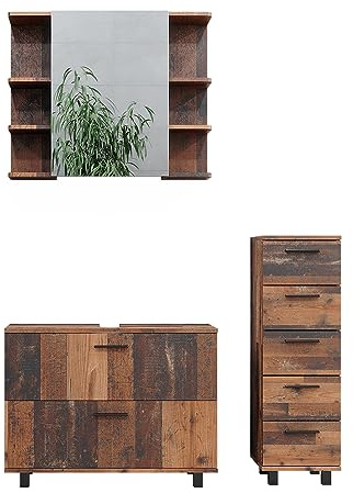 Vicco Badmöbel-Set Ilias, Eiche rustikal, 80 cm, besteht aus Waschbeckenunterschrank, Spiegelschrank und Midischrank