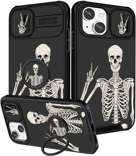 Pegmode (2in1 for iPhone 13 Case/for iPhone 14 Case Skull for Women Cute Skeleton Gothic Girls Phone Cases Scary Unique Design with Camera Cover+Ring Holder Funny for Apple 13/Apple 14 Cover 6.1''