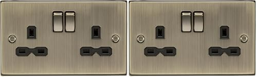 Knightsbridge CS9AB Square Edge Antique Brass 13A 2G Switched Socket with Insert, 230 V (Pack of 2)
