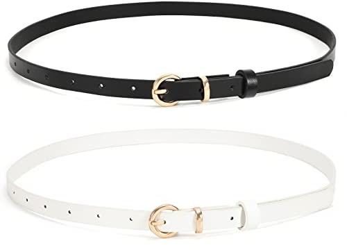 WHIPPY 2er-Pack dünner Damen Ledergürtel schmaler Taillengürtel schmal Gürtel mit goldener Kreisschnalle für Kleid Hose Jeans