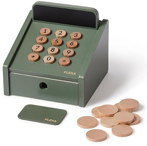 FLEXA Spielkasse aus Holz | Registrierkasse mit 12 Teilen | Montessori Spielzeug | Kaufladen & Kinderküche Zubehör | Kinder Lernspielzeug ab 2-3 Jahre | Perfectes Geschenk für Jungen Mädchen