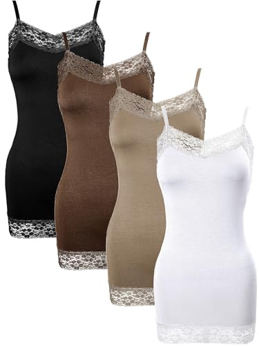 Bencailor 4er-Pack Lange Tanktops für Damen, Spitze, Camisole Ausschnitt, Cami, verstellbare Spaghettiträgern, Unterhemden für Damen, Schwarz, Weiß, Schokolade, Kaffee, Large