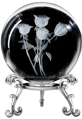 QIANCHANG 3D-Gravierte Rosen-Kristallkugel mit Ständer, 60 mm Glaskugel, dekorative Kugel, Briefbeschwerer, Geschenke für Mutter, Frauen, Mädchen