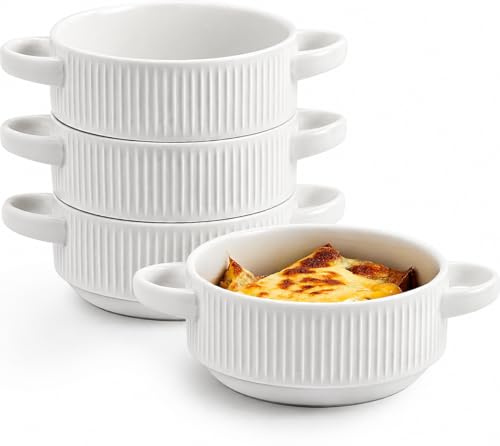 Hoilse Suppenschalen aus Keramik mit Griffen, 590 ml, französische Zwiebel-Suppenschüsseln, stapelbare Suppentöpfe für Suppen, Chili, Rindfleischeintopf, mikrowellen- und ofenfest, 13,7 cm, Weiß, 4