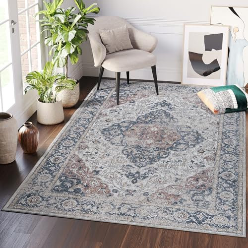 TAPISO Ritz Teppich Kurzflor Blau Creme Mehrfarbig Vintage Ornament Waschbarer Teppich rutschfest Wohnzimmer Schlafzimmer Küche ÖKO-TEX 140 x 200 cm