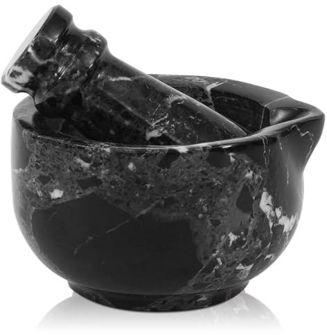 SPESHSTONES Juego de mortero y pilón de mármol de 3 pulgadas, negro, hecho a mano, pequeño molinillo de especias para herramientas de cocina y decoración, trituradora de píldoras de piedra, polvo fino