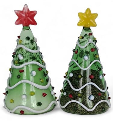 Gift Essentials Blown Glass Green Christmas Trees Salt and Pepper Shakers - Hand Blown Glass Collectible Salt and Pepper Shakers Set