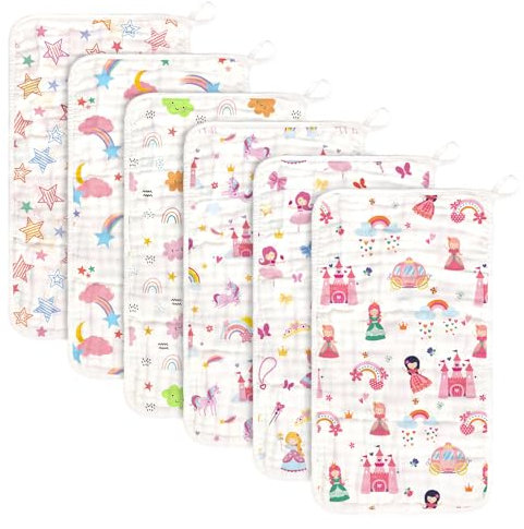 decalsweet 6 Stück Baby Spucktücher aus 100% Baumwolle, 50x30cm, Moltontücher Baby, Weich, Atmungsaktiv, Saugfähig, Mulltücher, Baumwollwindeln für Neugeborene, Geschenk (Prinzessin Schloss)