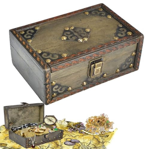 fuzhik Coffre Trésor Vintage en Bois Boite avec Cadenas Pirate Coffre fort Enfant Bois a Code Boîte à Bijoux avec Couvercle Pour Enfant Tirelire pour Stockage Décoration (Gris)