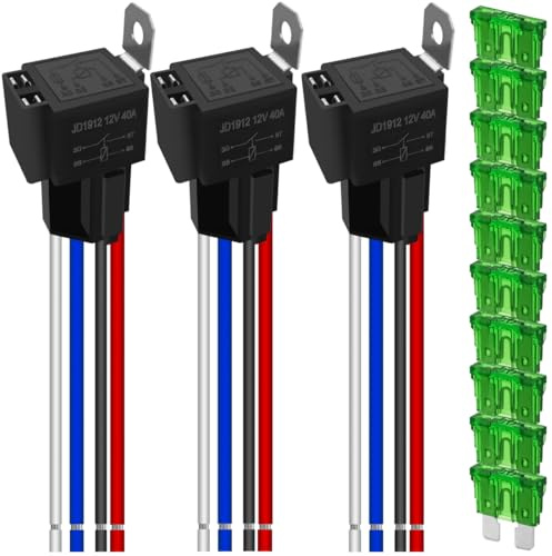 MKBKLLJY 3-teiliges 12-V-Sicherungsrelais-Schalterkabelbaum-Set - 30A ATO/ATC-Flachsicherung JD1912 DC 12V 40A Kfz-Elektrorelais 4-polig SPST mit 14AWG 16AWG-Draht für Auto, LKW, Van, Motorrad, Boot