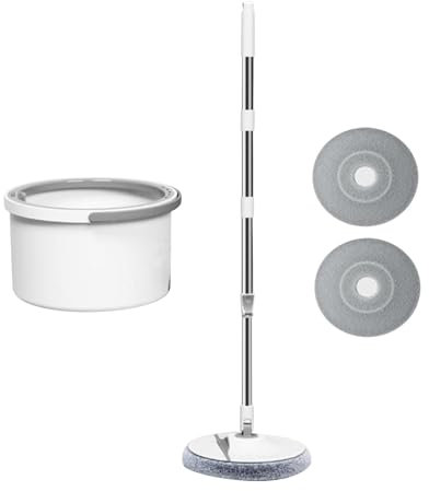 Milageto MOP y Cubo con 2 Almohadillas de trapeación reemplazables, Autoestro de 360 ​​° de Cabezal de trapeadores Redondos de 360 ​​° para Pisos de mármol de