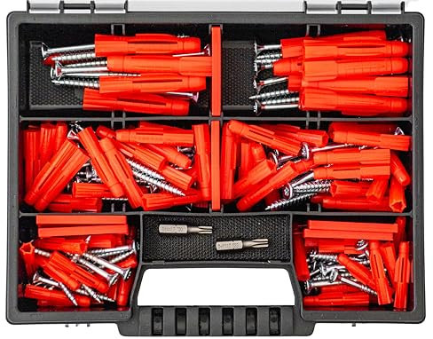 Tox TRI Allzweckdübel Sortiment 162 Teilig im praktischen Koffer DÜBEL + SCHRAUBEN + BITS Universaldübel 25 Stück 5x31mm + 40 Stück 6x36mm + 15 Stück 8x51mm mit Schrauben