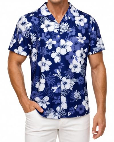 Moerstar Casual Hawaiian Shirts, Summer Hawaiian Short Sleeve Shirt Set with Shorts, Tropical Flower Shirt, Holiday Beach Parties (M) Dark Blue