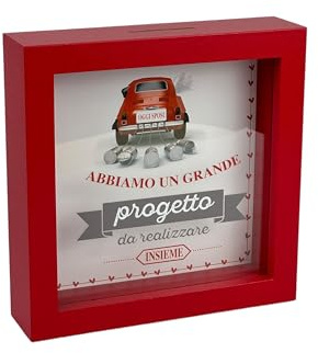 Salvadanaio Decorativo in Legno, Design Auto Oggi Sposi, Cornice Rossa 16x16 cm, Regalo per Matrimonio