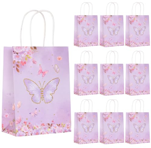 10 Stück Schmetterlings-Geschenktüten (15 * 8 * 21cm), Kreative Blumen-Partytüten, Bunte Papiertüten Mit Griffen, Ideal für Weihnachten, Babypartys und Mitgebsel für Kinder (Lila)