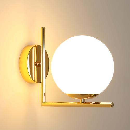 Goeco Applique da Parete Oro, E27 Lampada da Parete Moderna con Paralume in Vetro a Forma di Sfera per Soggiorno, Camera da Letto, Corridoio e Ingresso, Max.60W