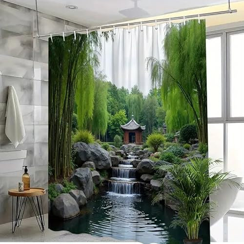 StarBlue-HGS Zen Garden Waterfall Shower Curtain, Asian Landscape with Bamboo and Pagoda Design (180 cm x 180 cm)