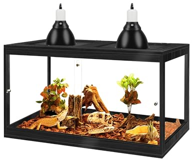 PROLEE 31 Gallon Bearded Dragon Tank, 24 x 16 x 16 Inch Tempered Glass Reptile Enclosure with Metal Mesh Top, Lockable Sliding Front Doors, Large Lizard and Snake Terrarium, Black
