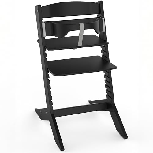 Geuther Kinderhochstuhl Holz Nala, mitwachsender Kinderstuhl I Ergonomischer Hochstuhl Baby bis Erwachsene, höhenverstellbar mit One-Click-System, Babystuhl belastbar bis 90kg I Farbe Schwarz