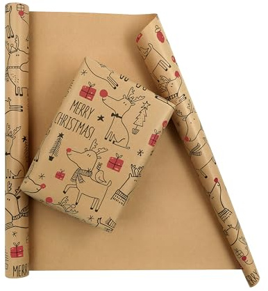 Rouleau de papier cadeau de Noël motif cerf avec gros bois et nez rouge – 1 mini rouleau de 43 x 300 cm par rouleau – Papier kraft marron vintage adorable renne rustique pour Noël, anniversaire