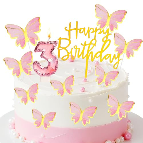 Zahl 3 Schmetterling Geburtstagskerzen,3. Geburtstag Schmetterling Blumenkerze,Rosa Kuchen Topper Dekoration,Geburtstagskerzen für Geburtstagsdeko