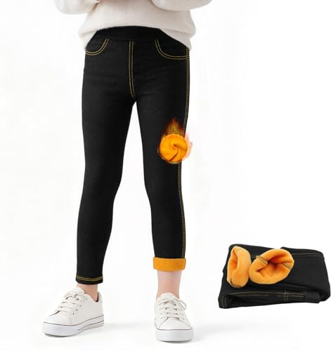 Tokeya Termiska leggings för flickor jeans fleecefodrade byxor, elastisk hög midja långa leggings, barn vinter lediga varma smala smala byxor kläder för flickor 4–12 år, svart, 6-7 år