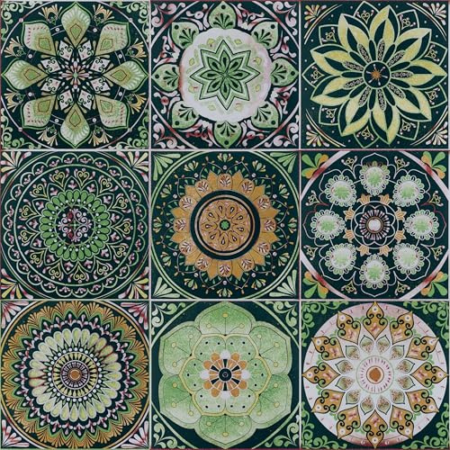 Hode Tile Stickers Stick on Tiles Peel and Stick Self Adhesive Wall Tiles | Green Moroccan Victorian Vintage Kitchen Bathroom Tile Stickers Sticky Back Plastic Waterproof Vinyl 15x15cm 24pcs
