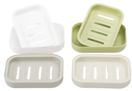NovaPuff 4 Pack Plastic Soap Dish, Easy Cleaning Soap Container Drain Small Bathroom Holder, Keeps Soap Dry for Shower/Bathroom or Kitchen