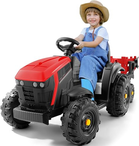 ELEMARA 24V 9AH Elektrischer Traktor für Kinder mit leicht abnehmbarem Anhänger, 400W Motoren Elektro Traktor für Kinder, All-Terrain-Fähigkeit, Sicherheitsdesign mit 3-Punkt-Sicherheitsgurt, Rot