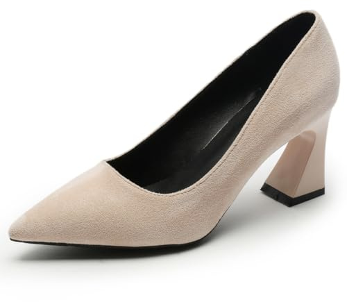Wtharosa Zapatos de Trabajo con Tacón Mujer Tacón Ancho Punta Afilada Ante Pumps de Soporte Zapatos de Corte Cómodos Diseño Antideslizante Ajuste Ancho Vestir de Oficina,Apricot 7cm,42 EU