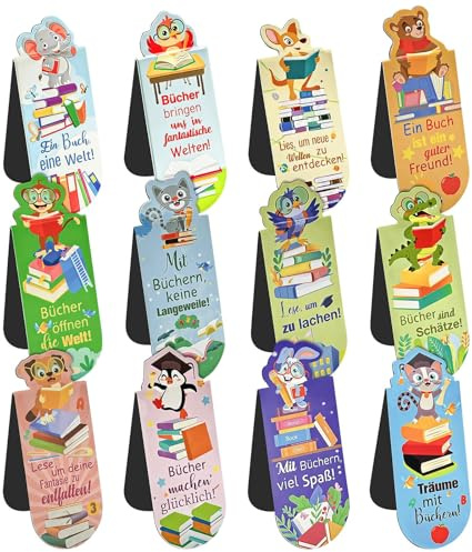 Yonality 12 Stück Magnetische Lesezeichen Kinder, mit Mutmacher Sprüchen, Süsse Tiere Lesezeichen, Kleine Geschenke für Kinder Schüler, Füllung Adventskalender Füllung für Schüler Buchliebhaber