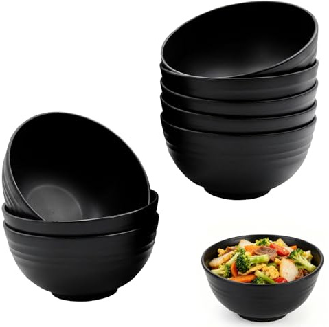 Rainway Bols à Céréales, 8 Pièces 700ml Bols Réutilisable en Plastique, Saladier à Petit-Déjeuner de Grande Capacité, Coupe à Fruits et à Salades, Bol à Mélanger pour Soupe Salade et Céréales (Noir)
