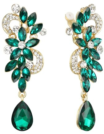 Clearine Damen Ohrclips Böhmisch Kristall Blume Hochzeit Braut Tropfen Lang Screw Clip-On Ohrclip Ohrringe Smaragd-Grün Gold-Ton