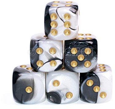Würfelzeit 7471 - Würfel w6 16 mm, Alyen Perlenzauber Weiss-schwarz m/Gold (6er Set im Polybeutel)