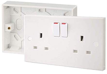 SHP Electrical® 13A Double White Switched Socket & Premium Double Surface Mount 25mm Pattress Box 2 Gang Set Electrical Outlets - Screw Caps Included