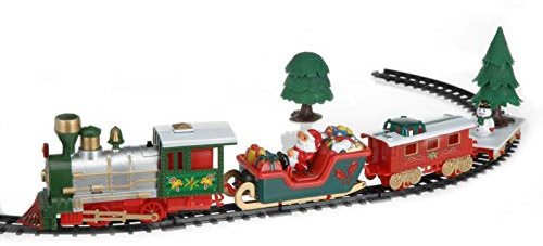 Tren de Navidad decorativo rojo 91 x 44 cm – 22 piezas – toca música navideña – Mini tren para Navidad con locomotora, 3 vagones y 15 rieles y árbol decorativo