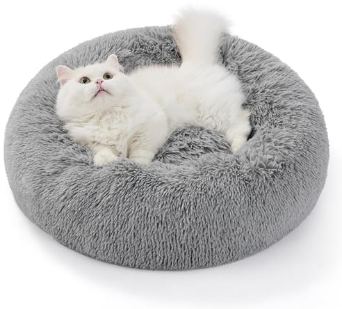 BEDSURE Katzenbett waschbar Flauschiges Hundebett - 50 cm Rund Kissen | Katzenschlafplatz für Katzen Kleine Mittelgroße Hunde, Plüsch Katzenkissen Rund Kuschelbett Katzen Bettchen, Hellgrau