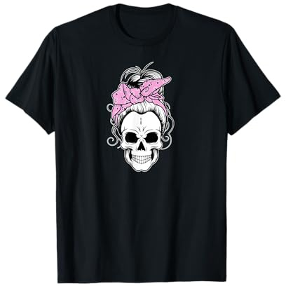 Messy Bun Skull Shirt Damen Bandana Halloween Shirt Gruppe T-Shirt