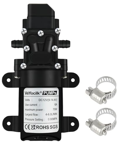 VeYocilk DC 12V Water Pump,1GPM 4L/Min 131Psi Self Priming Diaphragm Pump with Pressure Switch and 2 Hose Clamps for Water Tap,Campervan,Kitchen,Bathroom,Water Tank