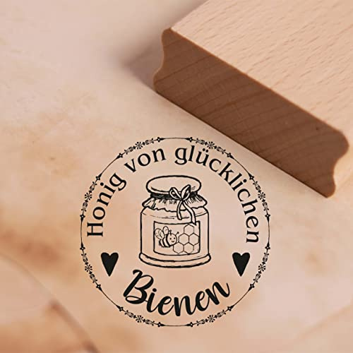 Motivstempel Honig von glücklichen Bienen - Imker Stempel Honigglas Etikett Holzstempel 68 x 68 mm