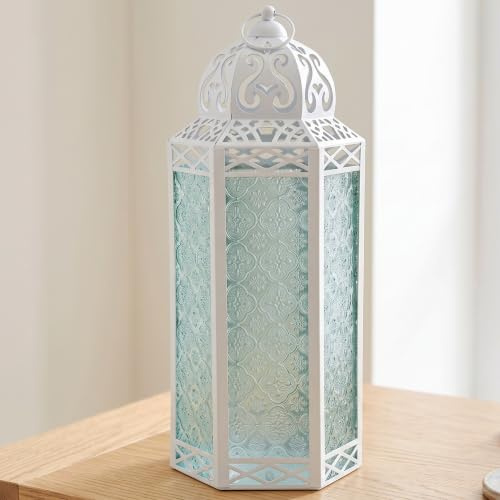 Lampada da terra decorativa in metallo bianco con portacandele marocchino – Per interni ed esterni, decorazione per la casa, terrazza, matrimoni, Natale, extra grande