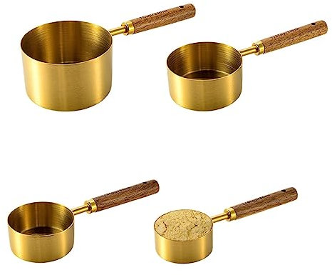 Yajimsa Tazas medidoras,4 cucharas medidoras Metal apilables con Mango Madera - Taza medición Cocina Plateada Dorada con Doble Escala para líquido cocción Alimentos Secos