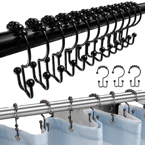 20 Stück Duschvorhang Ringe Doppelte Duschhaken Duschvorhang Haken Doppel-Haken Duschvorhangringe Schwarz Aufhängeringe mit Gleitsystem für Badezimmer Duschvorhange,Kleiderstange