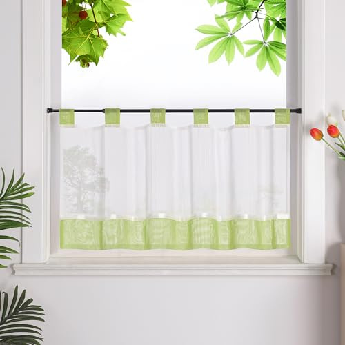 HeichkelL Scheibengardine, Leinenoptik Gardine, Grün HxB 45x120 cm | Küchengardine mit Schlaufen, Halbtransparent Bistrogardine, Landhausstil Kurzstores