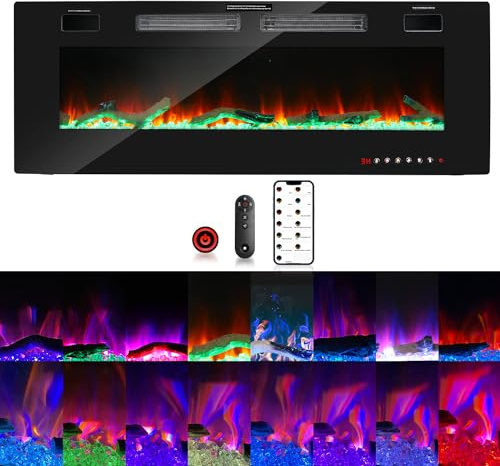 Yakimz Elektrokamin, Wandkamin Elektrischer mit Heizung und LED Flammen, Elektrische kamine mit Timer Einstellbarer Thermostat, Kaminfeuer, Fernbedienung Heizlüfter, 750W/1500W, 127 cm